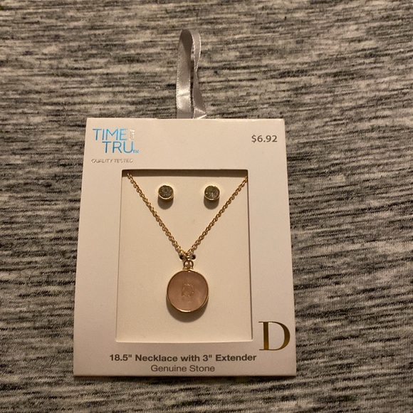 Genuine Rose Quartz with “D” Initial Disk Necklace and Earring Set 18.5” - Picture 3 of 12